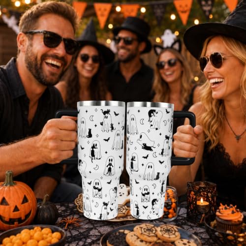 Halloween Ghost Cat Tumbler with Handle 40oz Insulated Water Bottle - Spooky Gift