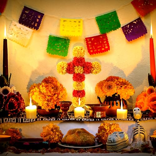 Day of the Dead Marigold Cross Decoration - Orange & Yellow, 15.7x11.8 inches
