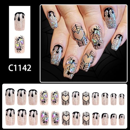 Halloween Spider Press On Nails - 24Pcs Silver Glitter Fake Nails with 3D Rhinestones - Spider-6 Variation