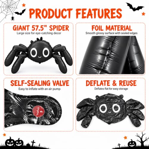 57-Inch Halloween Spider Foil Balloon - Large Black 6-Legged Decoration