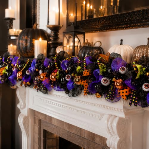 Halloween Garland for Mantle 6ft with Mesh Ribbon and Ornaments