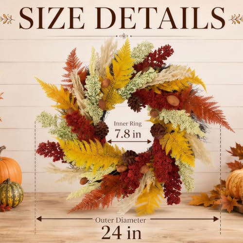 Aelora 24 Inch Fall Wreath for Front Door - Pine Cones, Wheat Ears, Autumn Decor - Variation A