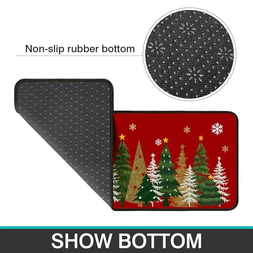 Christmas Tree Kitchen Rug Set - Red Non-Slip Xmas Floor Mats with Variation