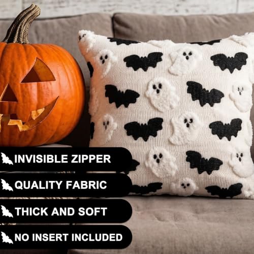 Halloween Throw Pillow Covers Set of 2 Ghost and Bat Design 18x18 Inches