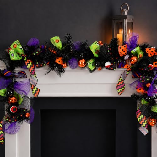 Halloween Garland for Mantle 6ft with Mesh Ribbon and Ornaments