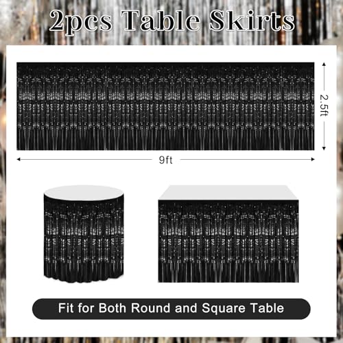 Black Foil Fringe Table Skirt Set - 2 Pack 29.5x108 Inch for Party Decor