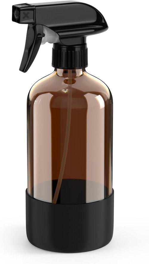 Bontip Amber Glass Spray Bottle - 16 oz Refillable with Silicone Sleeve for Cleaning & Aromatherapy (Black)