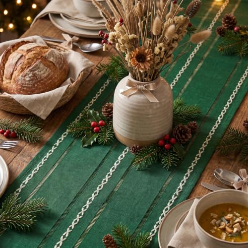 Green Rustic Cotton Linen Christmas Table Runner - 13x36 Inch Seasonal Decor