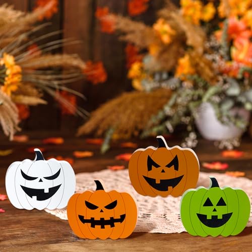 4 PCS Fall Pumpkin Wooden Decor Set - Autumn Halloween Desk Ornaments