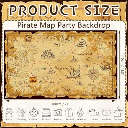 Pirate Backdrop Decorations - Treasure Map Photo Booth Background for Parties