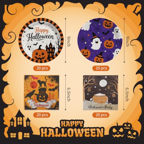 Halloween Paper Plates and Napkins Set for 40 Guests - Disposable Party Tableware