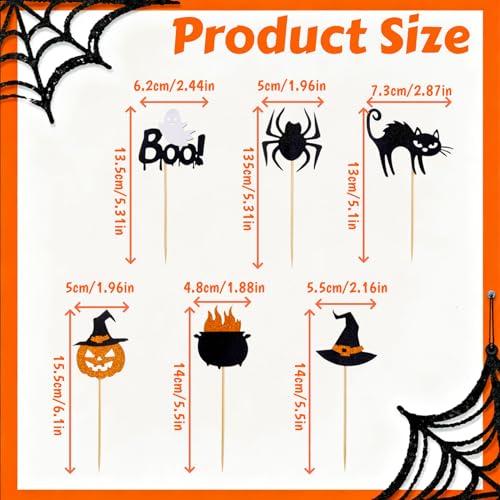 Halloween Cupcake Toppers Set - 24 Glitter Spider Ghost Pumpkin Cake Picks