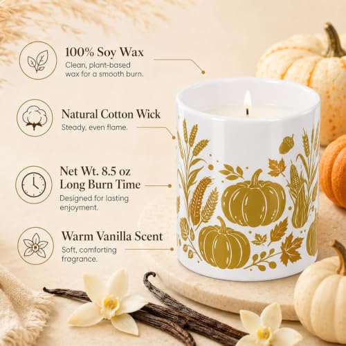 Vanilla Pumpkin Fall Scented Soy Candle in Ceramic Jar with Wood Lid - Autumn Home Decor & Holiday Gift