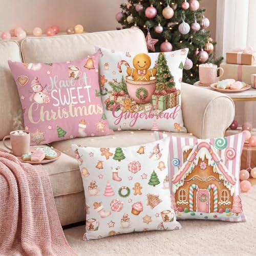 Pink Gingerbread Christmas Pillow Covers 6 Pack 18x18 Suede Holiday Decor