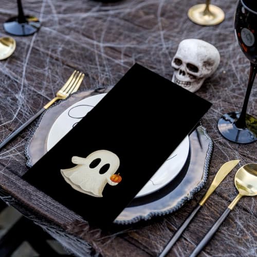 Black Halloween Paper Napkins - Pumpkin Ghost Design, 100 Pack