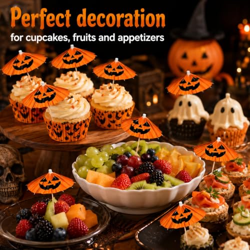 Halloween Pumpkin Cocktail Umbrellas - 100 Mini Food Picks for Drinks & Desserts