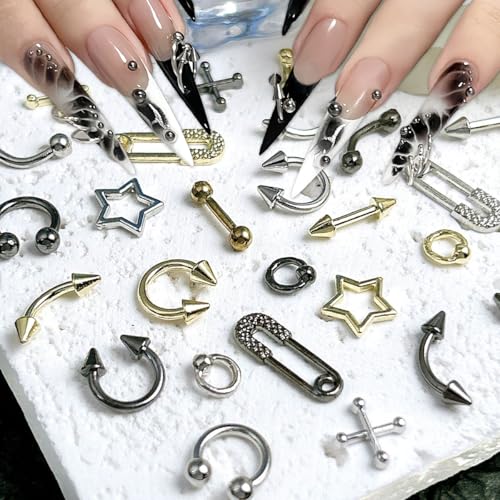 Gray 80 Pcs Piercing Nail Charms Set - 3D Gold Silver Alloy Goth Punk Nail Art