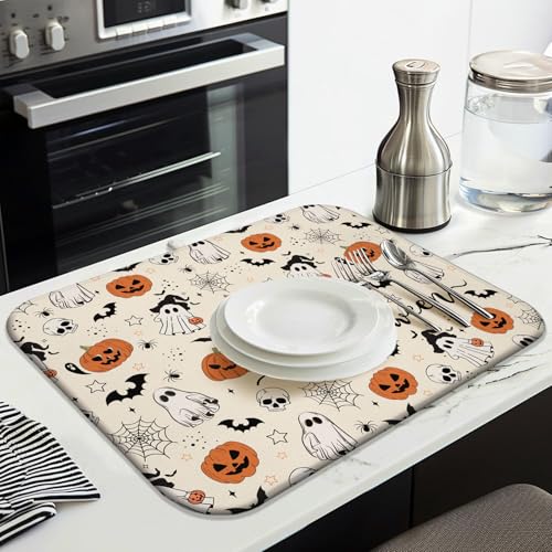 Halloween Dish Drying Mat for Kitchen Counter - Happy Halloween 18x24 Inch Pumpkin Ghost Pattern Microfiber