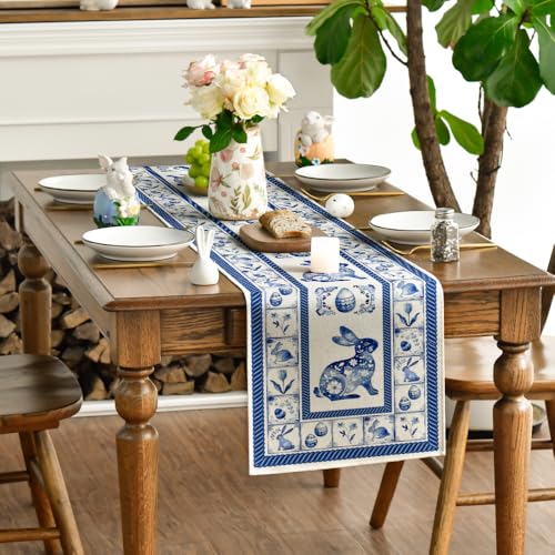 Blue and White Porcelain Bunny Egg Easter Table Runner - 13x90 Inch Seasonal Kitchen Decor