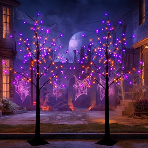 2 Pack 6ft Black Birch Tree with Purple & Orange LED Halloween Lights, Waterproof Spooky Decor with Timer
