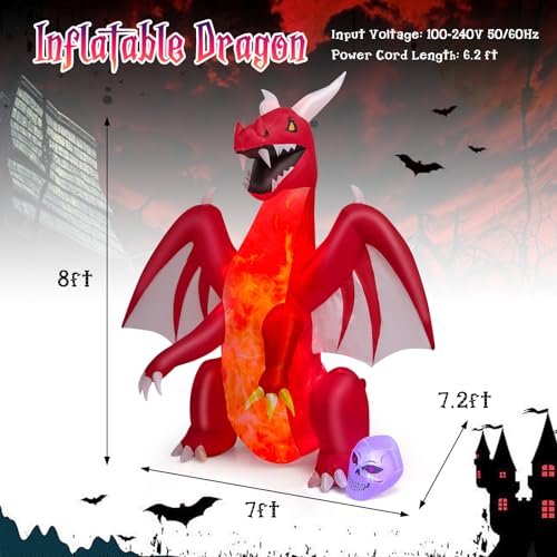 8ft Halloween Inflatable Fire Dragon Yard Decoration with LED Lights Waterproof
