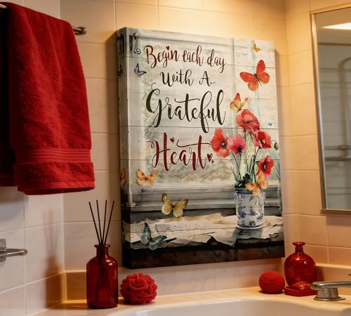 Wrapped Canvas Wall Art - Red Flower Butterfly Poppy Painting 16x24 Inches - Farmhouse Home Decor