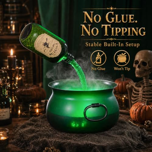 Halloween Magic Cauldron with Floating Potion Bottles, Fog & Glow Effect