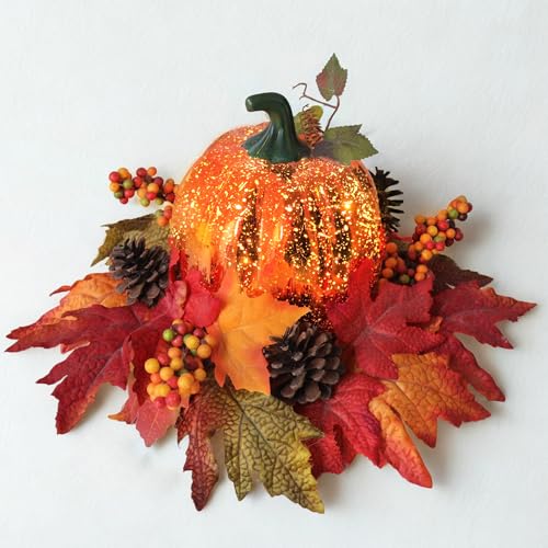 Lighted Pumpkin Fall Decor with LED String, Faux Leaves Berries Pinecones - Indoor Outdoor Thanksgiving Centerpiece