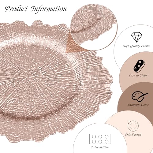 50 Pack Rose Gold Charger Plates 13 Inch Reef Decor Bulk for Weddings & Events