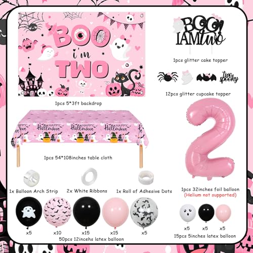Halloween Birthday Balloon Arch Kit with Cake Toppers & Tablecloth for 2 Years Old Party