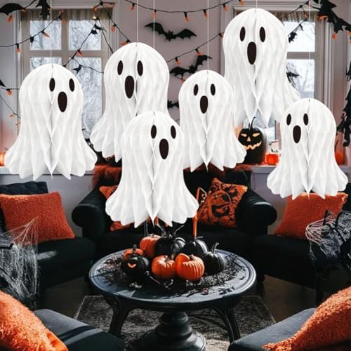 Halloween Ghost Honeycomb Hanging Decorations - 6 Pcs, 25cm, White, Spooky Party Decor
