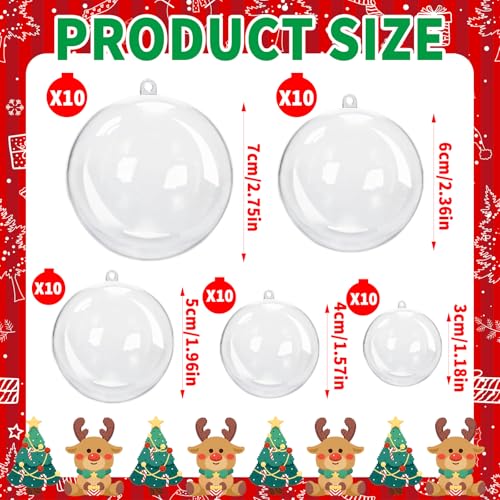 50 Pcs Clear Fillable Christmas Ornaments - 5 Sizes DIY Transparent Decoration Balls