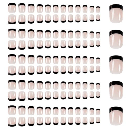 Classic Black French Short Square Round Fake Nails - Full Cover Glossy Nude Set with Adhesive Tabs