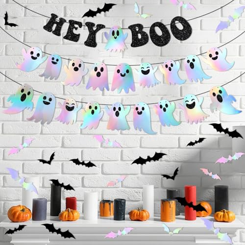 Halloween Iridescent Banner Set with Ghost & Bat Decorations - Black Glitter Hey Boo