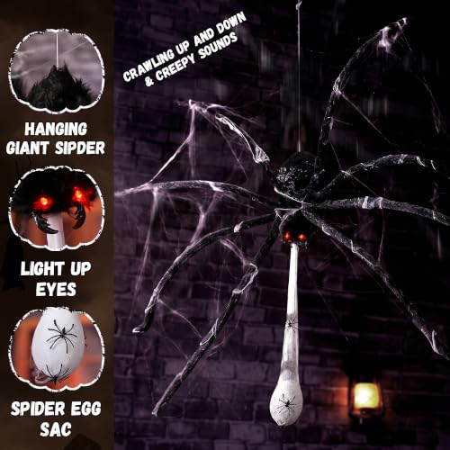 Floating Giant Spider Halloween Decoration with Glowing Eyes & Sound - 48 Inch Haunted House Prop