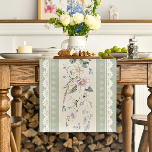 Green Printed Lace Floral Table Runner 13x72 Inch Summer Kitchen Decor