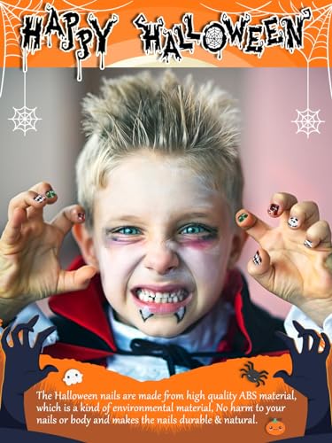 144 Pcs Halloween Kids Fake Nail Set with Ghost Skeleton Spider Pumpkin Designs