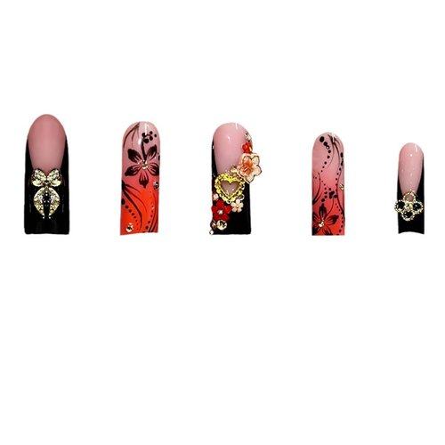 24Pcs Red French Tip Fake Nails Long Square Press on Nails pink Full Cover Glue on Nails with 3D Flower and Rhinestones Designs False Nails Gold Metallic Heart Acrylic Nail for Women