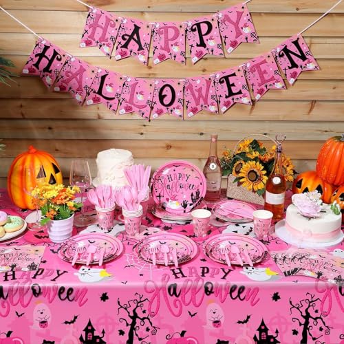 Halloween Plastic Tablecloth - Pink Pumpkin Ghost Bat Design, 54x108 Inches - Weird