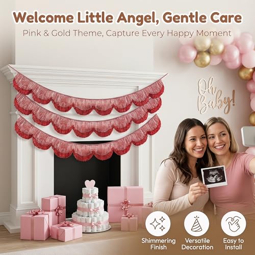 Pink Scalloped Fringe Garland 6.89ft Tassel Banner - 3pcs Party Decor - Pink