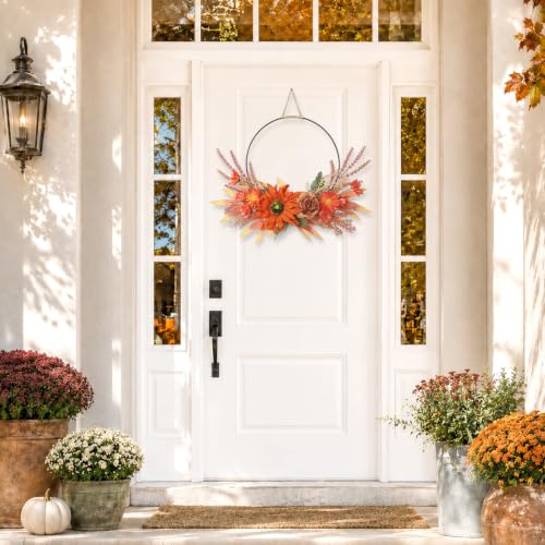 Fall Sunflower Wreath for Front Door - 17 Inch Artificial Autumn Decor - Orange Flowers