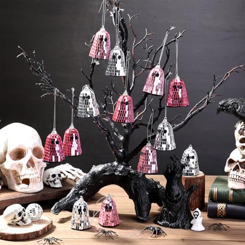Pink 24 Pcs Disco Ghost Halloween Decorations Mirror Ornaments for Party & Holiday