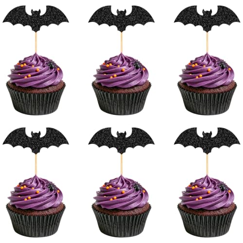 Halloween Cupcake Toppers Black Glitter Bat - 40Pcs Bat Themed Cake Decorations - Variation: Bat