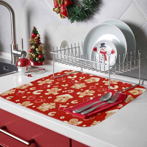Christmas Gingerbread Man Dish Drying Mat - Absorbent Microfiber, 24 x 18 Inches, Red Snowflake Design - Holiday Kitchen Decor