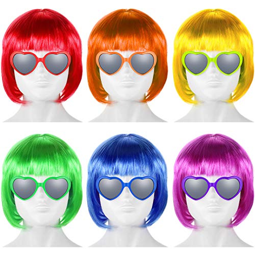Colorful Party Wigs and Heart-Shaped Sunglasses Set - Neon Costume Accessories for Halloween & Events