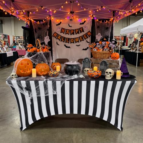 6ft Black and White Striped Spandex Tablecloth Halloween Decoration - Variation 1