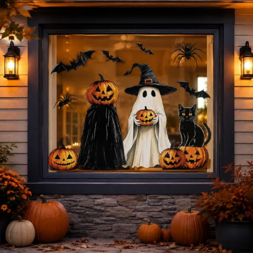 Halloween Window Clings Decor Set - Ghost, Pumpkin, Bat, Black Cat