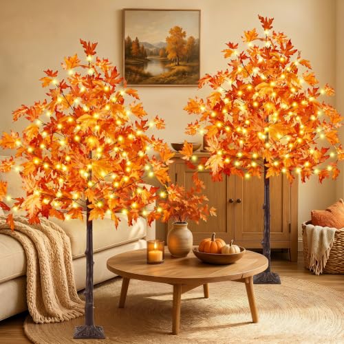 Maple Tree Lights 2-Pack 6FT Artificial Fall Trees Outdoor Indoor with 300 LED Warm White Lights - Realistic Decorative Trees