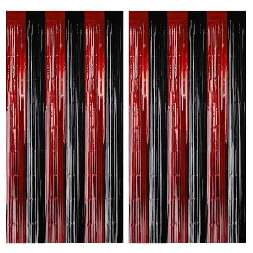 Red and Black Foil Fringe Curtain Set - Metallic Streamer Backdrop for Parties