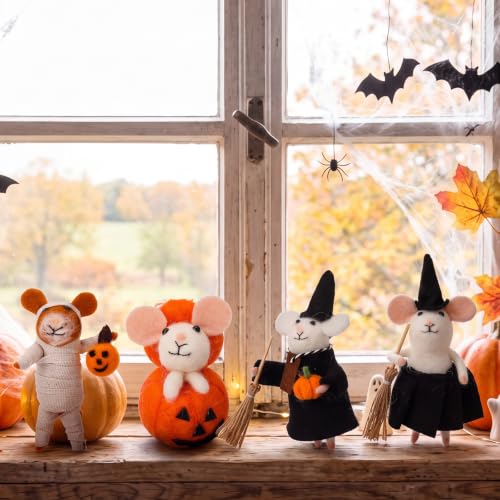 Halloween Felt Mouse Ornaments Set - Wool Handmade Decor with Pumpkin & Witch Details - 4 Pieces